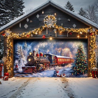 Lorva Christmas Garage Door Banner Decoration Santa’s Snowy Train Adventure