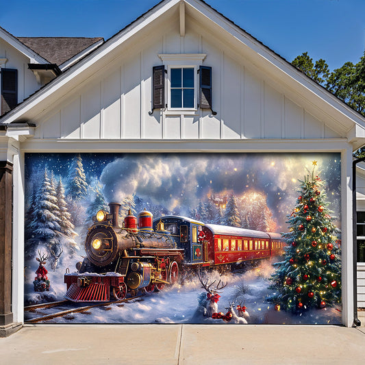 Lorva Christmas Garage Door Banner Decoration Santa’s Snowy Train Adventure