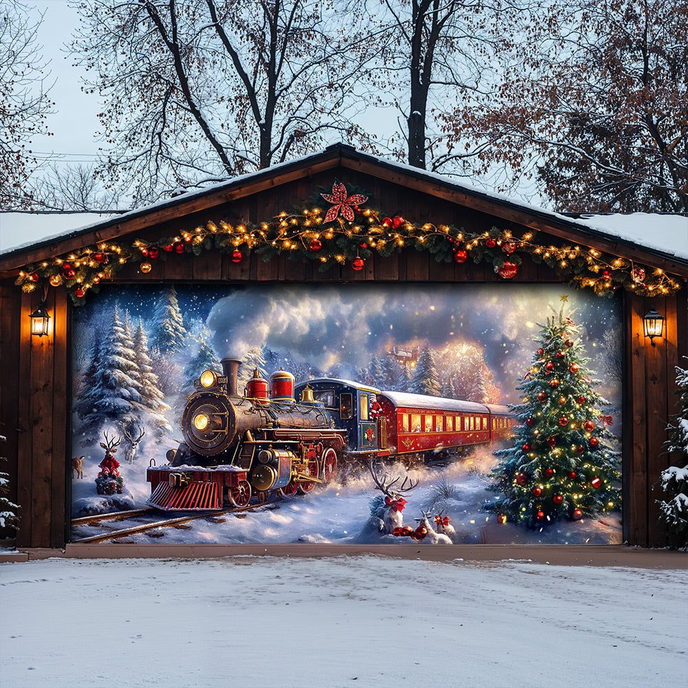 Lorva Christmas Garage Door Banner Decoration Santa’s Snowy Train Adventure