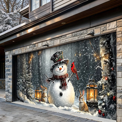Lorva Garage Door Banner Decoration Winter Forest Snowman Gathering with Bunnies and Cardinals