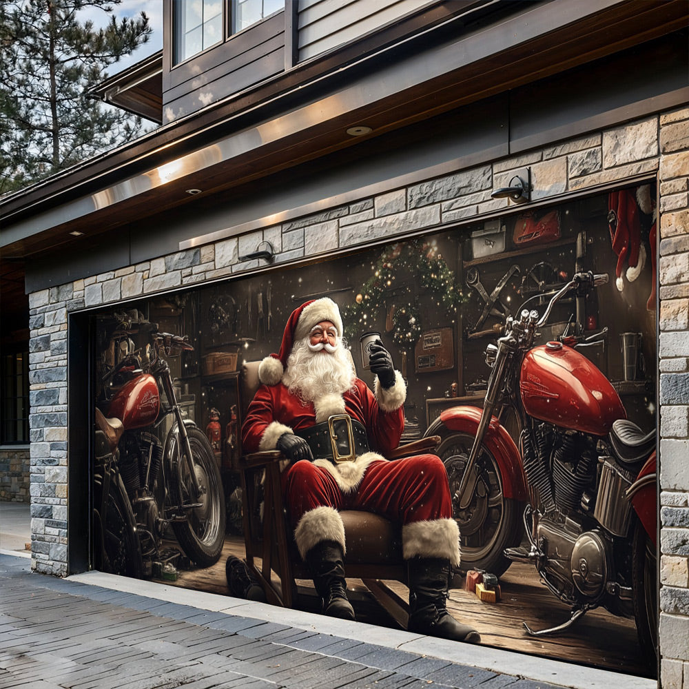 Lorva Christmas Garage Door Banner Decoration Santa’s Motorcycle Garage