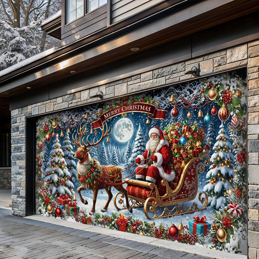 Lorva Christmas Garage Door Banner Decoration Santa’s Sleigh Ride Spreading Cheer on a Winter’s Eve