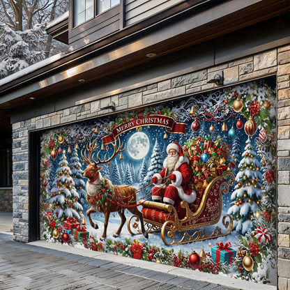 Lorva Christmas Garage Door Banner Decoration Santa’s Sleigh Ride Spreading Cheer on a Winter’s Eve