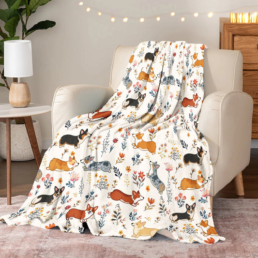 Lorva Corgi Fleece Blanket Happy Field Flowers