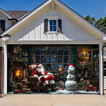Lorva Christmas Garage Door Banner Decoration Fireside Santa & Snowman Holiday