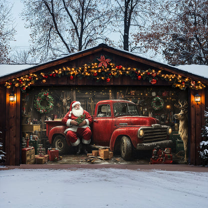 Lorva Christmas Garage Door Banner Decoration Rustic Santa Workshop & Red Truck Holiday