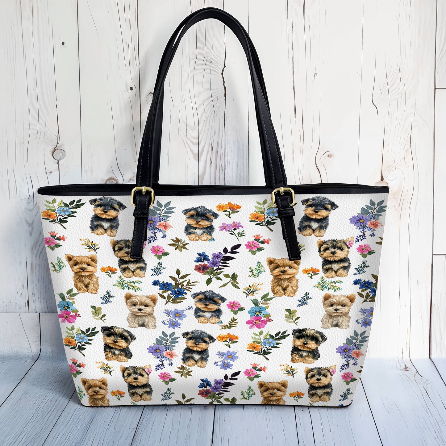 Lorva Leather Tote Bag Cute Floral Yorkie