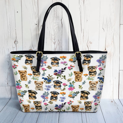 Lorva Leather Tote Bag Cute Floral Yorkie