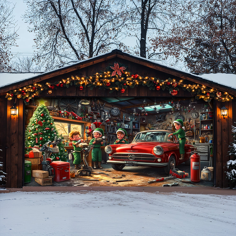 Lorva Garage Door Banner Decoration Christmas Elves Garage Workshop