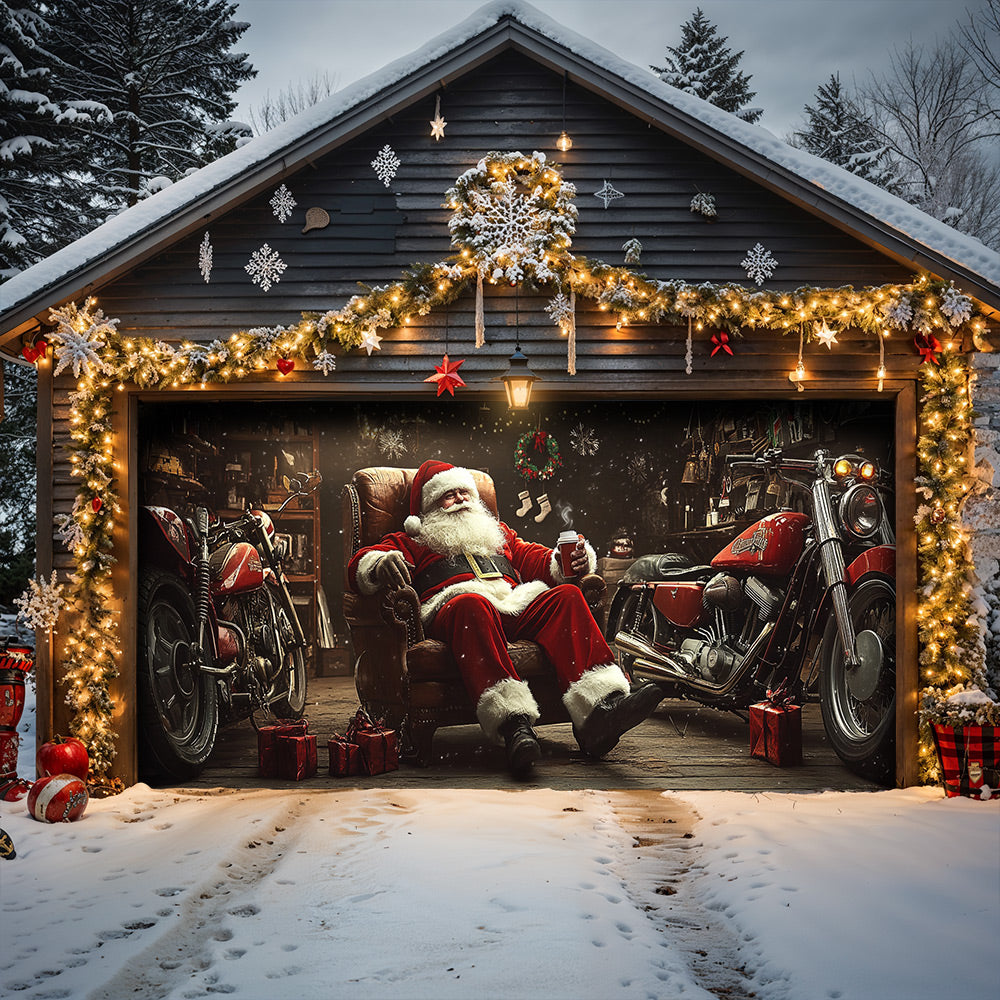 Lorva Chistmas Garage Door Banner Decoration Santa’s Biker Workshop