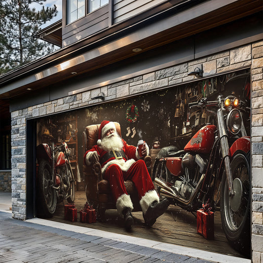 Lorva Chistmas Garage Door Banner Decoration Santa’s Biker Workshop