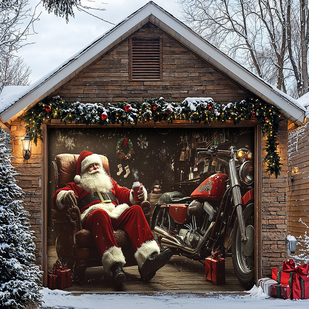 Lorva Chistmas Garage Door Banner Decoration Santa’s Biker Workshop
