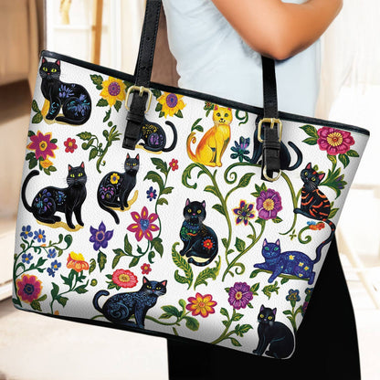 Lorva Leather Tote Bag WhimsiCats Garden