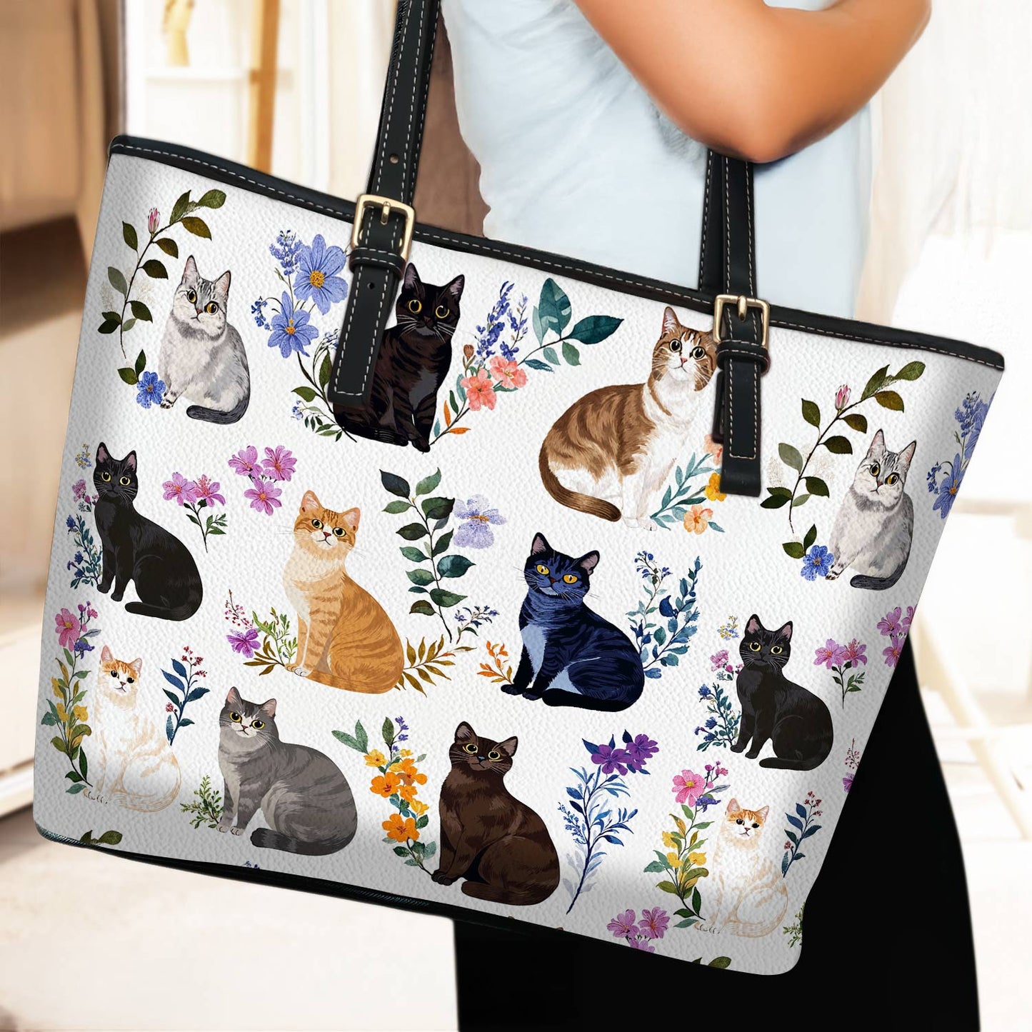 Lorva Leather Tote Bag Charming Floral Cats