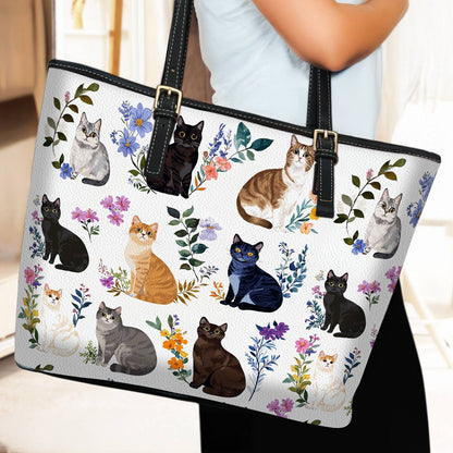 Lorva Leather Tote Bag Charming Floral Cats