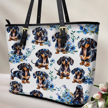 Lorva Leather Tote Bag Blue Bloom Dachshund