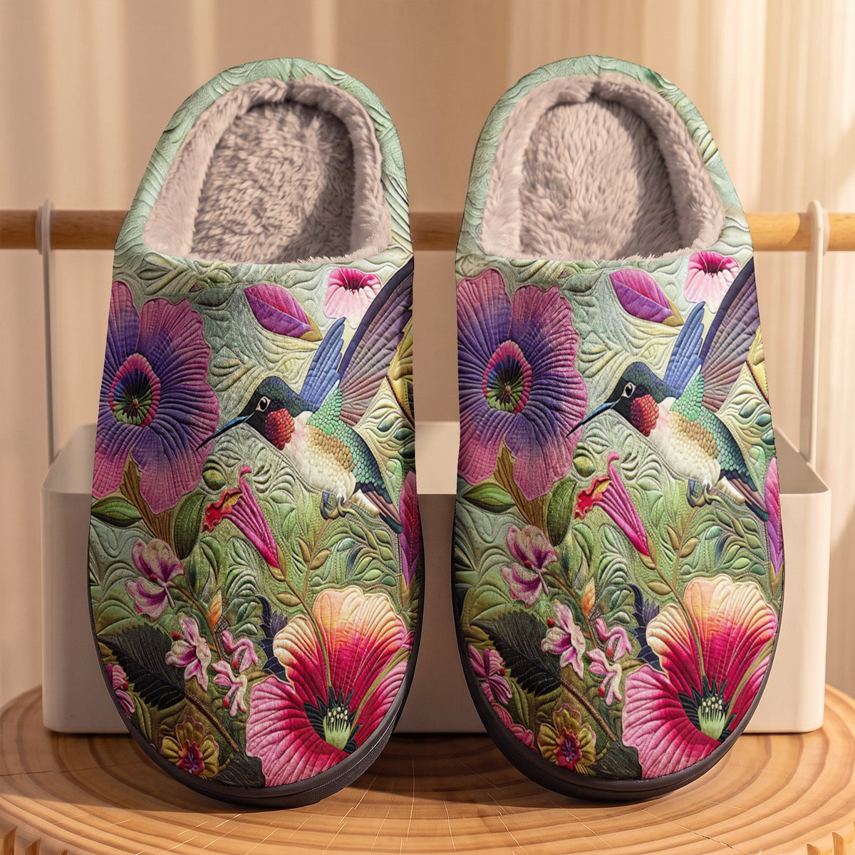 Lorva Hummingbird Fleece Lined Slippers Hibiscus Dreaming