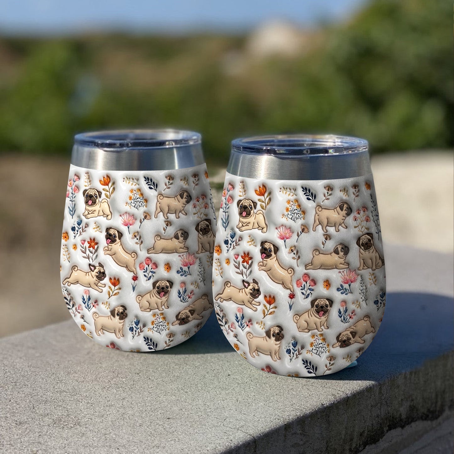 Lorva Pug Wine Tumbler Happy Field Flowers