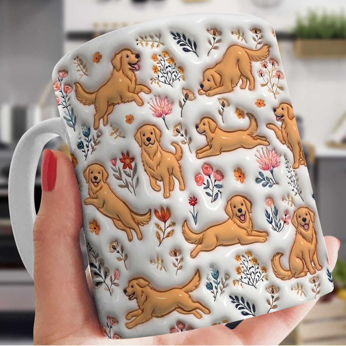 Lorva Golden Retriever Flat Print Mug Happy Field Flowers