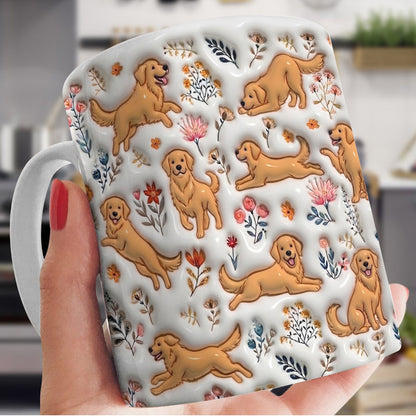 Lorva Golden Retriever Flat Print Mug Happy Field Flowers