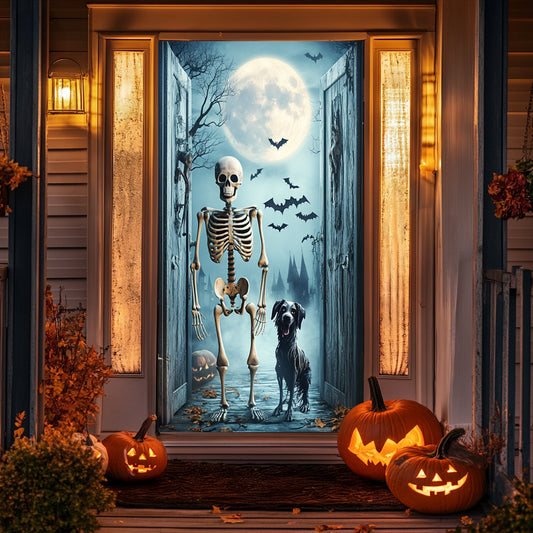 Lorva Halloween Door Cover Midnight Skeleton & Ghost Dog