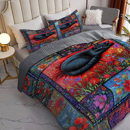 Lorva All Season Quilt 3-Piece Set Mystical Sleeping Black Cat