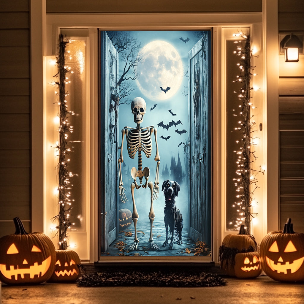 Lorva Halloween Door Cover Midnight Skeleton & Ghost Dog