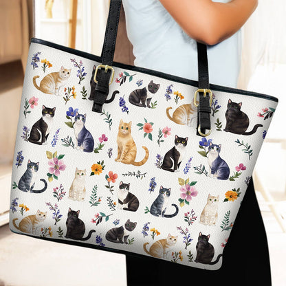 Lorva Leather Tote Bag Floral Feline Parade