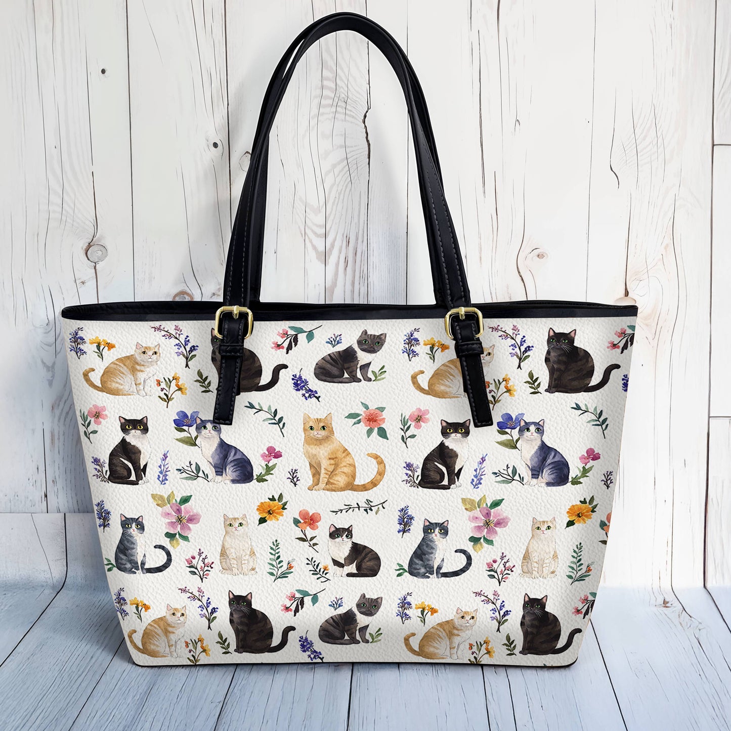 Lorva Leather Tote Bag Floral Feline Parade