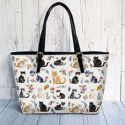 Lorva Leather Tote Bag Floral Feline Parade