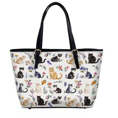 Lorva Leather Tote Bag Floral Feline Parade