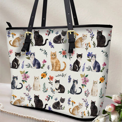 Lorva Leather Tote Bag Floral Feline Parade