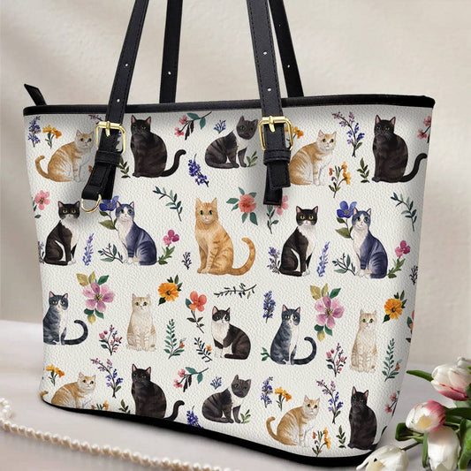 Lorva Leather Tote Bag Floral Feline Parade