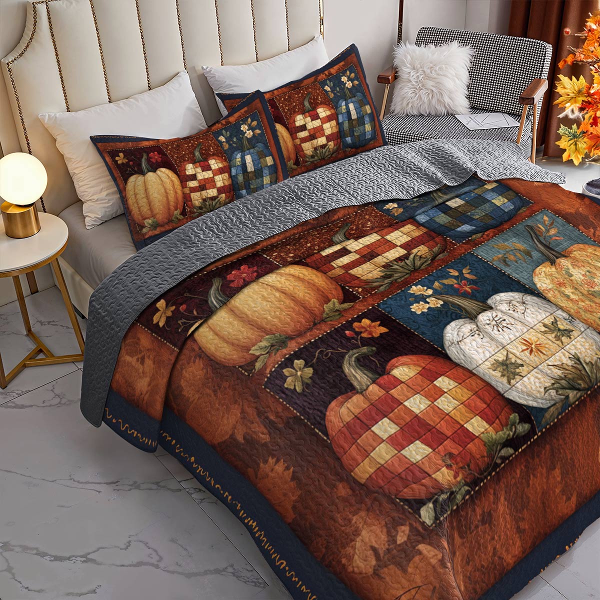 Halloween Lorva All Season Quilt 3-Piece Set Farmhouse Plaid Pumpkins
