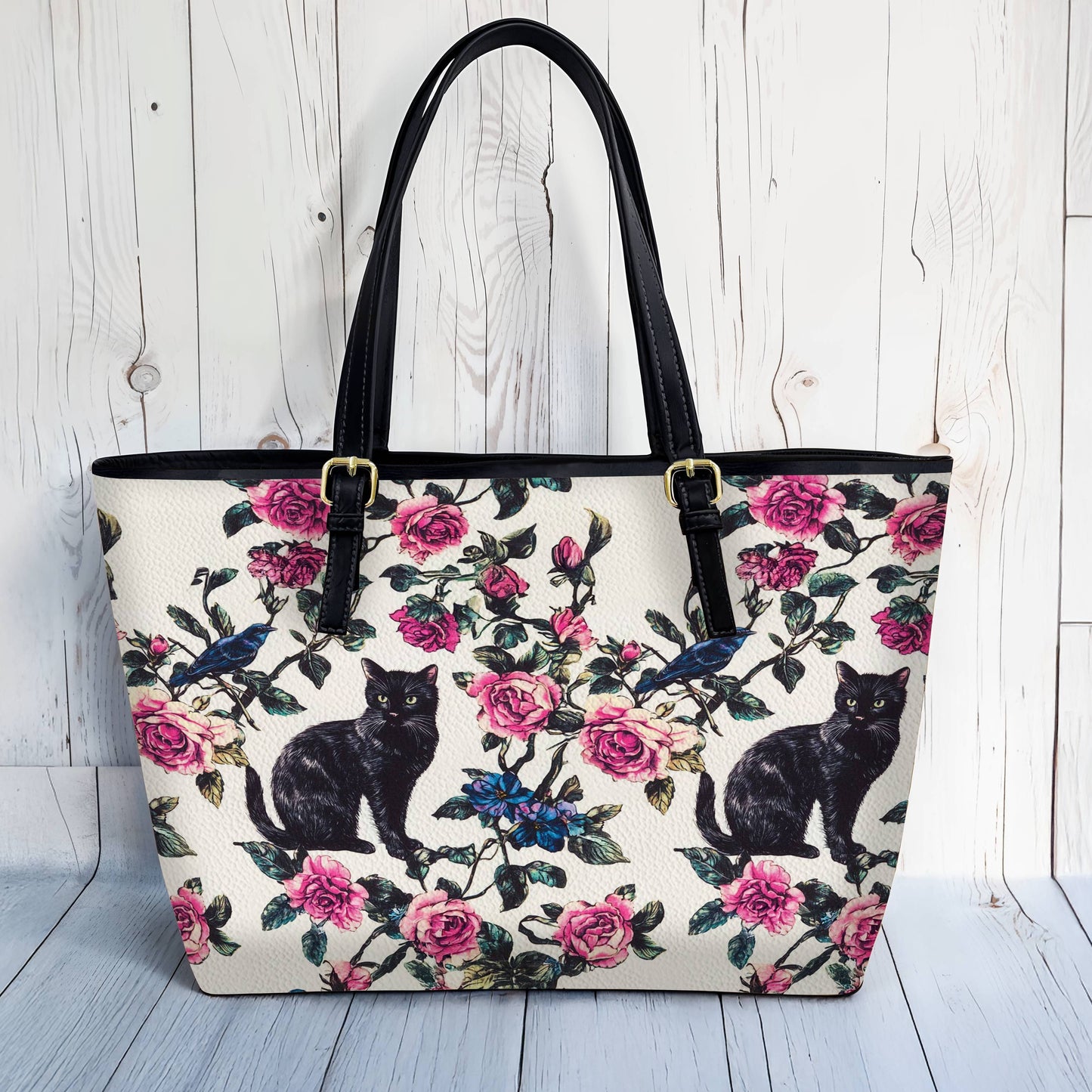 Lorva Black Cat Leather Tote Bag Mystic Roses