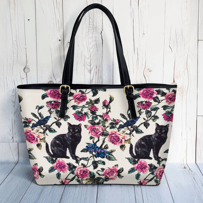 Lorva Black Cat Leather Tote Bag Mystic Roses