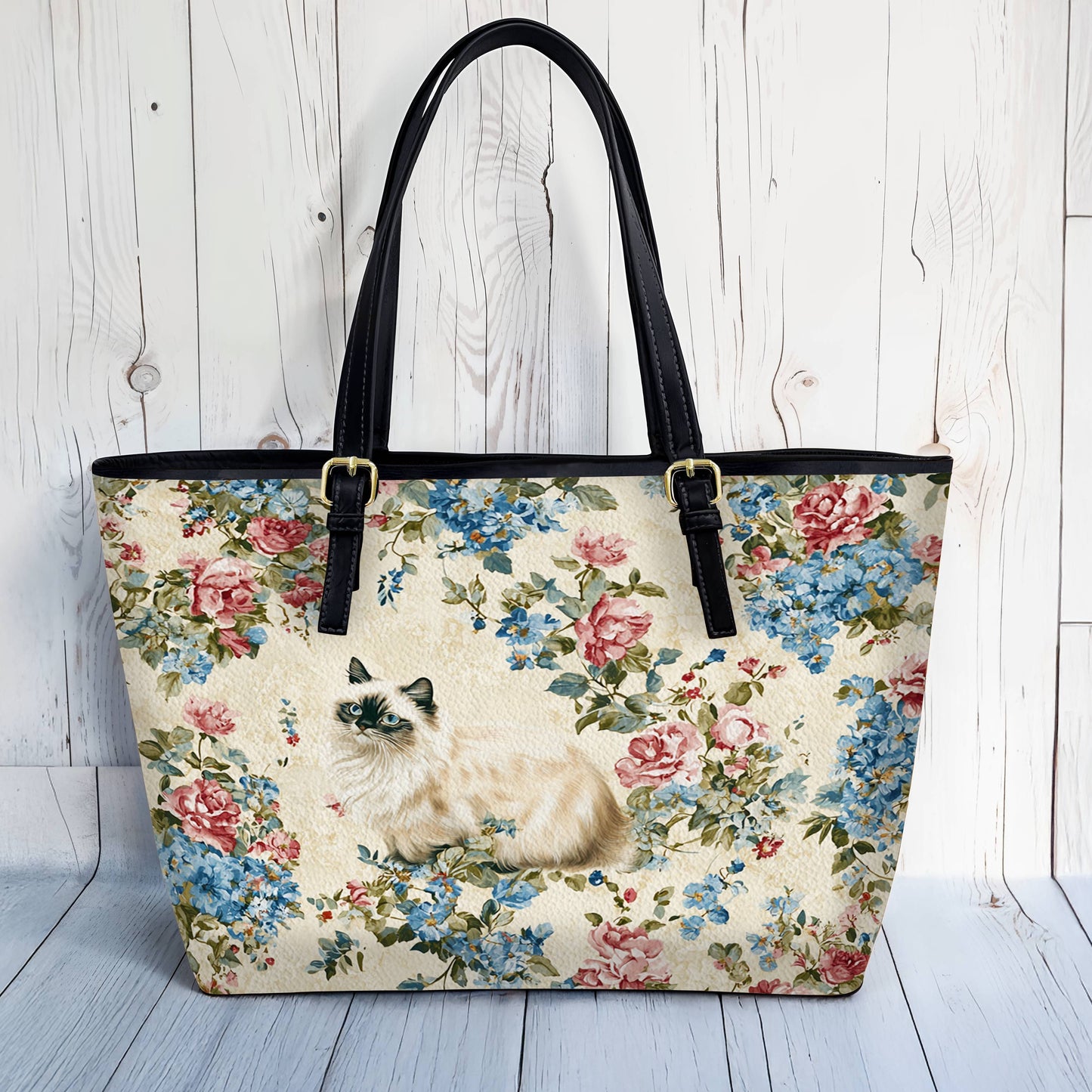 Lorva Cat Leather Tote Bag Vintage Floral Cat
