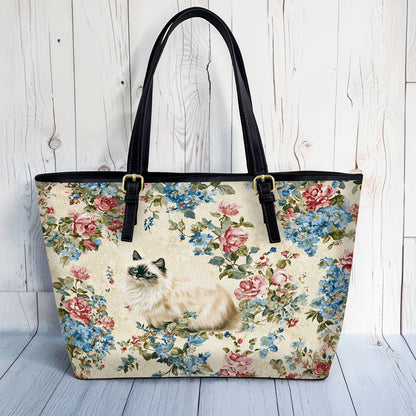 Lorva Cat Leather Tote Bag Vintage Floral Cat