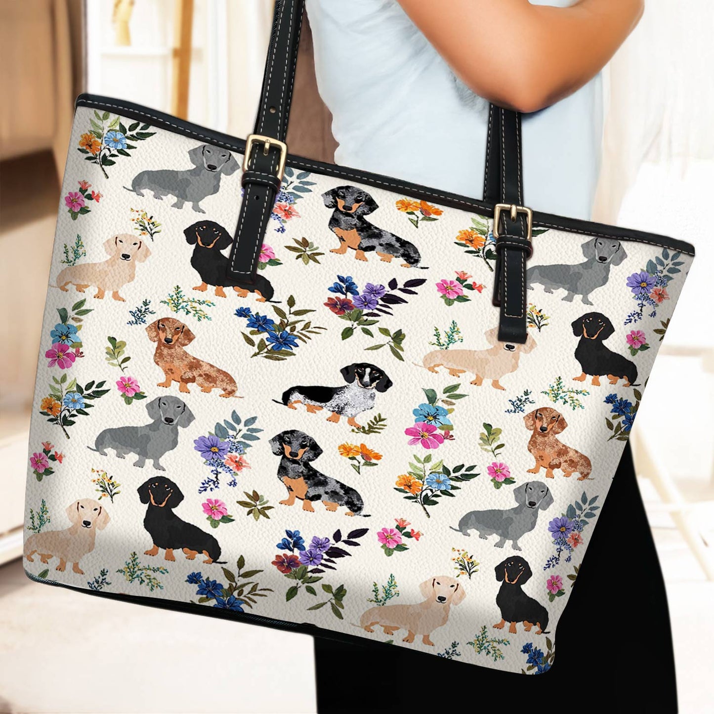 Lorva Leather Tote Bag Charming Floral Dachshunds