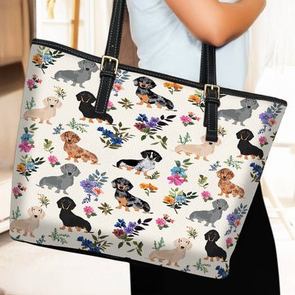 Lorva Leather Tote Bag Charming Floral Dachshunds