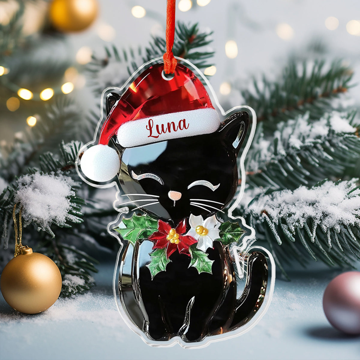 Lorva Black Cat Personalized 2D Acrylic Ornament Glimmerpaws Of Christmas