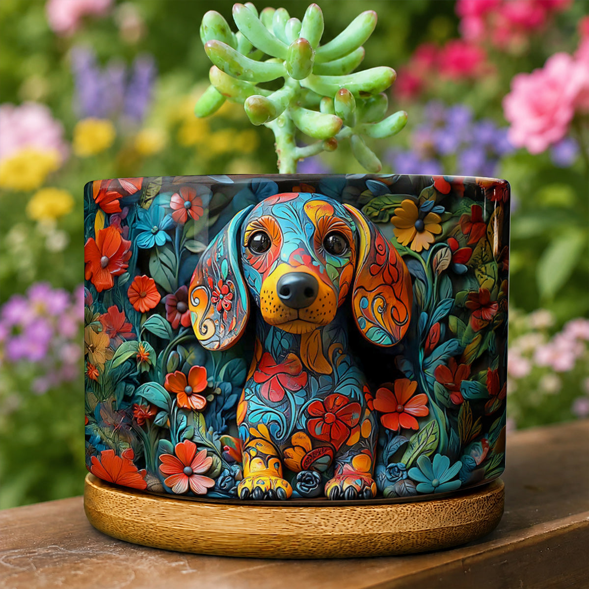 Lorva Dachshund Flat Print Ceramic Plant Pot Charming Floral Dachshund