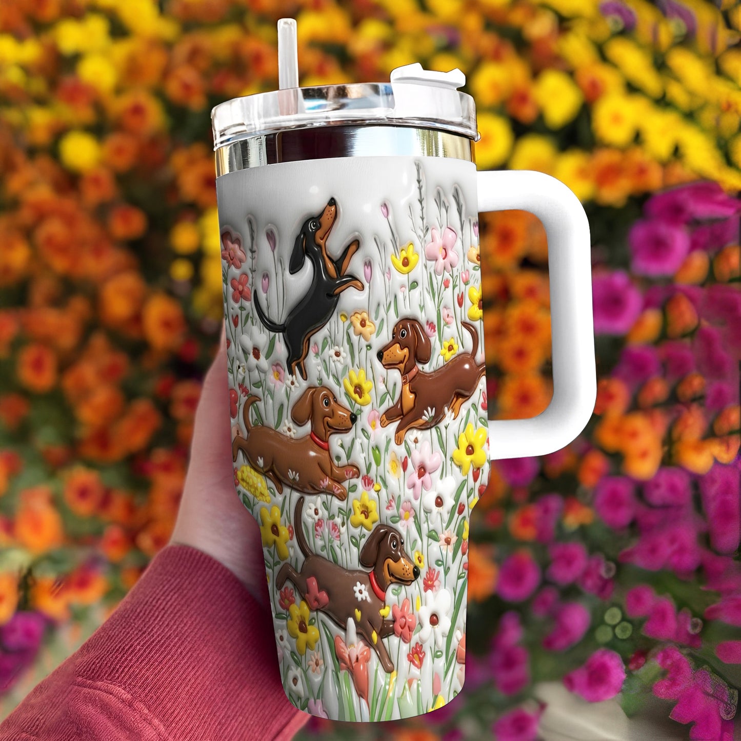 Lorva Tumbler Puffy Happy Dachshunds In Flower Garden