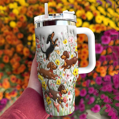 Lorva Tumbler Puffy Happy Dachshunds In Flower Garden