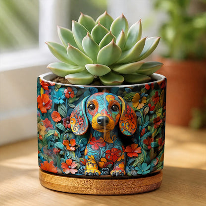 Lorva Dachshund Flat Print Ceramic Plant Pot Charming Floral Dachshund