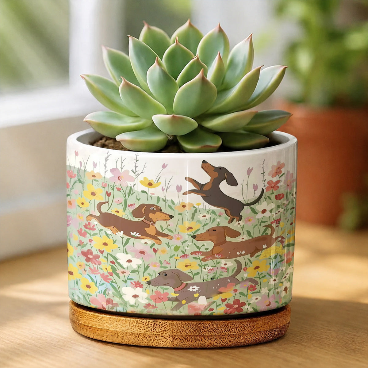 Lorva Dachshund Ceramic Plant Pot Happy Dachshunds In Flower Garden
