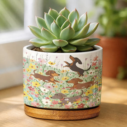 Lorva Dachshund Ceramic Plant Pot Happy Dachshunds In Flower Garden