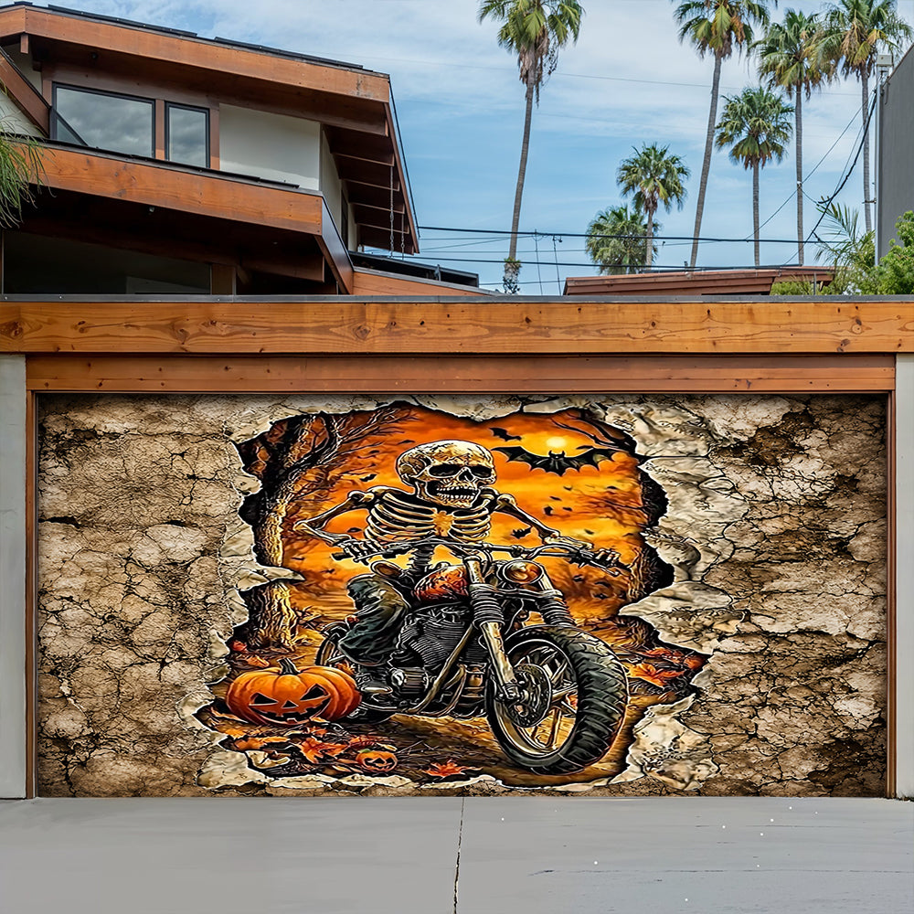 Lorva Halloween Garage Door Banner Decoration Skeleton Rider’s Halloween Ride