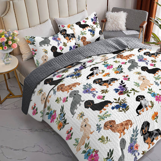 Lorva All Season Quilt 3-Piece Set Charming Floral Dachshunds