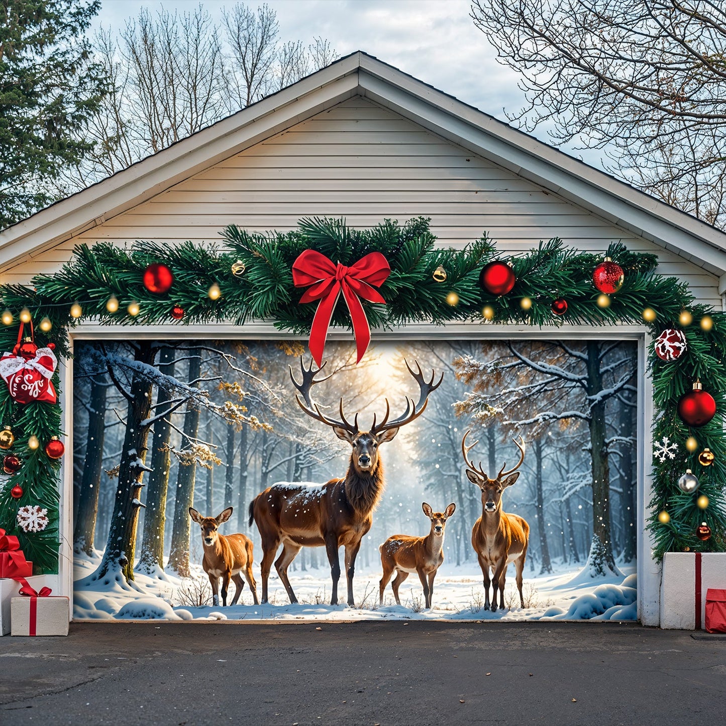 Lorva Christmas Garage Door Banner Decoration Majestic Reindeer Family In Winter Wonderland